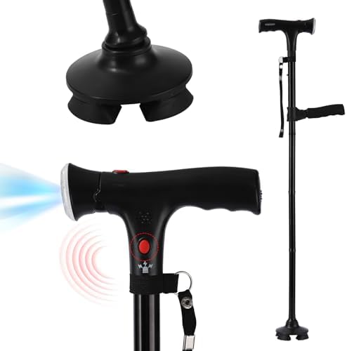 Walking Stickï¼Walking Canes for Women & Menï¼Folding Cane with Led Light and Alarm, with Side Handle, Collapsible Cane Lightweight, Free Self Standing Foldable Stick for Seniors & Adults