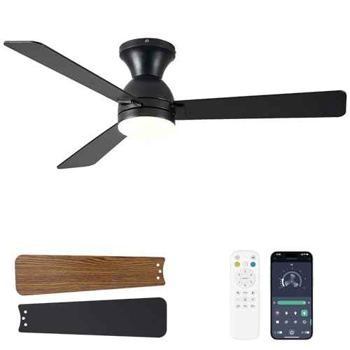 Ceiling Fans with Lights, 48 inch Low Profile Ceiling Fan with Light and Remote Control, Flush Mount, Reversible, 3CCT, Dimmable LED, Noiseless, Black Ceiling Fan for Bedroom, Dining Room