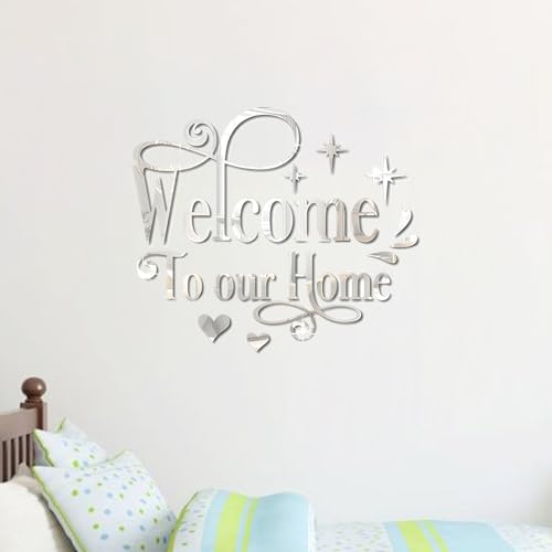INCAUCA Welcome to Our Home Wall Decor Sticker, Home Acrylic 3D Mirror Wall Decal, Removable Art Letter Sign, Wall Door Quote Decoration DIY for Living Room Bedroom Sofa TV Background (Silver)