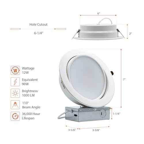 PROCURU [4-Pack] 6-Inch Gimbal Heavy Duty 12W (7" Trim) LED 2700K-6000K 5CCT Adjustable, Rotate & Swivel Ultra-Thin Recessed Ceiling Downlight, Dimmable, AirTight IC Rated (VGB6-5W3-4P)