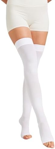 MGANG Medical Thigh High Compression Stockings for Men & Women, Pair, Open Toe, 15-20 mmHg Graduated Compression Support Hose, Opaque, Best for Varicose Veins, Edema, Flight, DVT, Swelling, White S