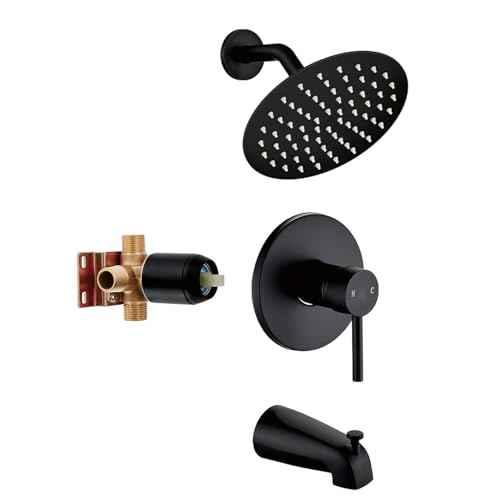 Black Tub Shower Faucet Set Complete with 6-Inch Rainfall Shower Head and Tub Spout Included Shower Valve Tub Shower Trim Kit Round Matte Black