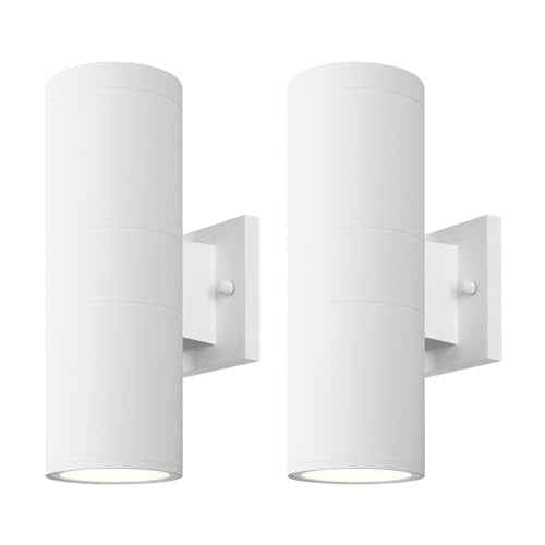 mirrea Modern Outdoor Porch Light Patio Light in 2 Lights with Aluminum Cylinder and Tempered Glass Cover Waterproof Wall Sconce 2 Pack (Matte White)