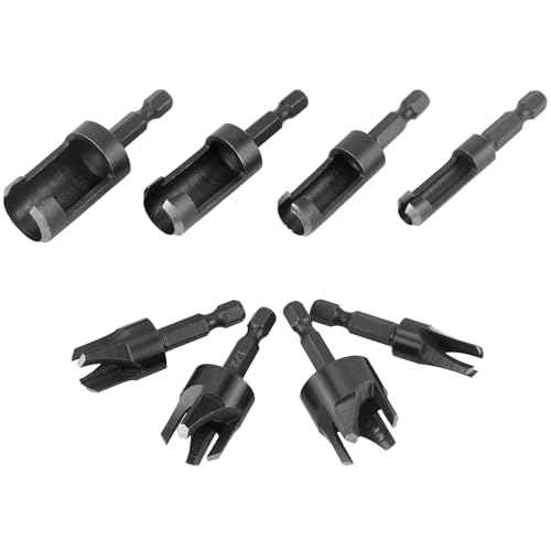 QWORK Wood Plug Cutter Drill Bit Set, 8Pcs, Includes 1/4", 5/16", 3/8", 1/2" Sizes, 1/4 Inch Hex Shank