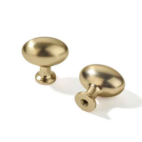 khtumeware 30 Pack 1-3/8 inch(35mm Brushed Brass Cabinet Knobs Dresser Knobs Satin Brass Oval Drawer Knobs Kitchen Cabinet Hardware Zinc Knobs for Dresser Drawers