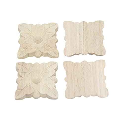 Decorative Wood Appliques 4 Pack Wood Carved Applique Onlay for Furniture Decor Leaf Style Decal Unpainted be Attached to Home Corner Frame,Cabinets, Windows, Mirrors, Doors, Bed,1.97x1.97inch
