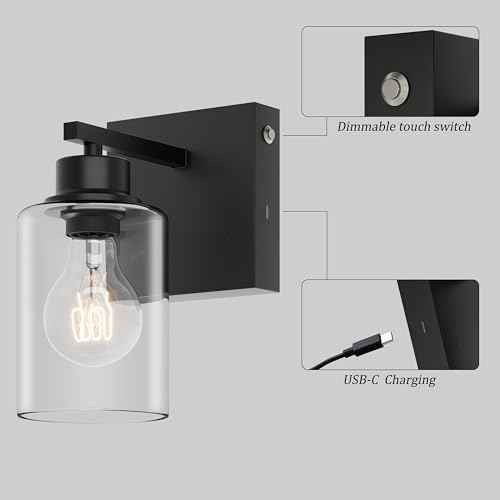 Battery Operated Wall Sconce Set of 2, Rechargeable, Cordless, Dimmable, Timer, Touch Control, 3000K, USB-C Charging for Living Room, Bedroom Black (Include 2 Special Bulbs)