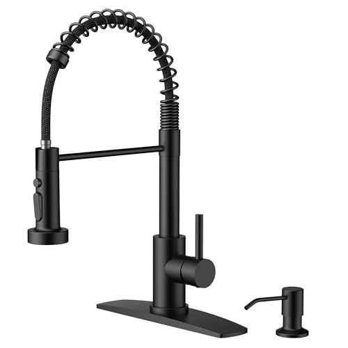 QFN Black Kitchen Faucet with Soap Dispenser, Stainless Steel Modern Spring Single Handle Commercial Kitchen Sink Faucet with Pull Down Sprayer Fit for 1 or 3 Hole for Farmhouse Rv Laundry Room