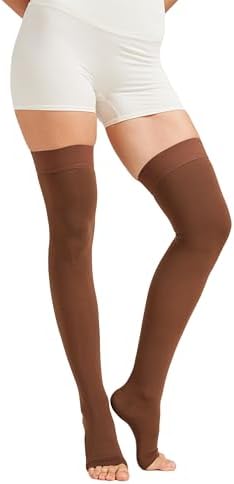 MGANG Medical Thigh High Compression Stockings for Men & Women, Pair, Open Toe, 15-20 mmHg Graduated Compression Support Hose, Opaque, Best for Varicose Veins, Edema, Flight, DVT, Swelling, Brown M