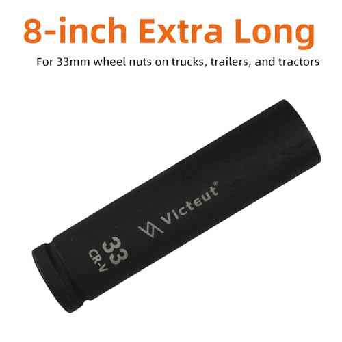 1-Inch Drive 33mm Extra Deep Impact Socket, 8-Inch (200mm) Long, 6-Point Truck & Trailer & Tractor Wheel Nut Socket, Heat Treated Cr-V Alloy Steel, One-Piece Forged, No Torque Loss
