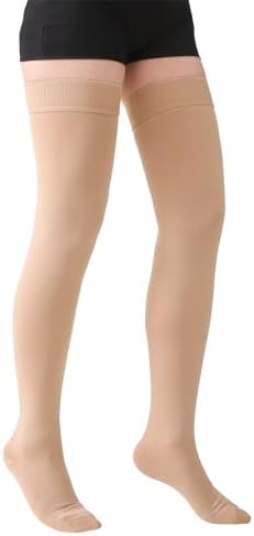 MGANG Medical 15-20 mmHg Compression Stockings for Women & Men, Pair, Thigh High Graduated Compression Socks, Closed Toe, Opaque, Support for Varicose Veins, Edema, DVT, Swelling, Flight, Beige L