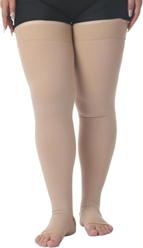 MGANG Medical Thigh High Compression Stockings for Men & Women, Pair, Open Toe, 15-20 mmHg Graduated Compression Support Hose, Opaque, Best for Varicose Veins, Edema, Flight, DVT, Swelling, Beige 5XL