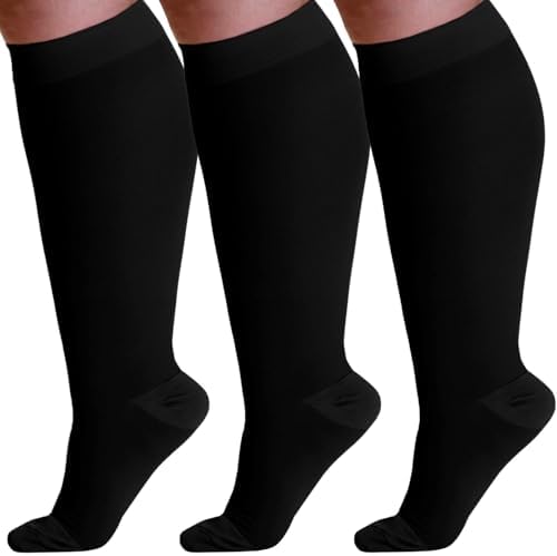 ABSOLUTE SUPPORT (3 Pairs) Wide Calves Graduated Support Opaque Compression Knee High Socks for Men & Women 20-30mmHg | For Fatigue, Leg Pain, Edema, Varicose Veins - Black, 6X-Large - A501BL9-3