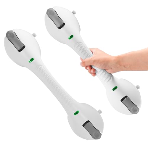 Indicator Grab Bars for Bathtubs and Showers, No-Tool Installation Removable Suction Cup Handrails ? Ideal Bathroom Safety for Seniors, Pregnant Women, and Disabled, White and Gray (2-Pack)