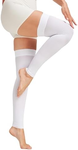 MGANG 15-20 mmHg Compression Stockings for Women & Men, Thigh High Medical Footless Graduated Compression Sleeves with Silicone Dot Band, for Varicose Veins, Edema, Travel, Flight, Pregnant, White L