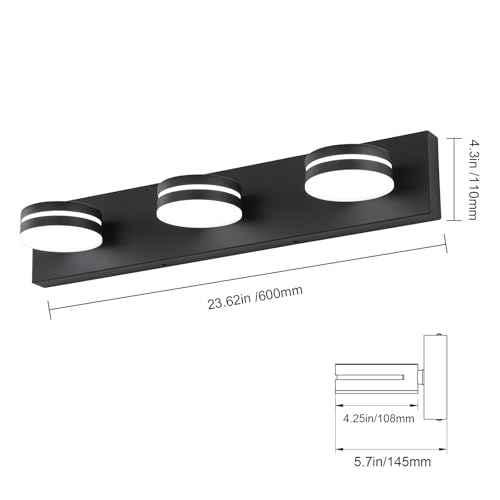 3-Light Bathroom Vanity Light Over Mirror, (24inch Dimmable) Matte Black LED Vanity Lighting Fixtures, Modern Bathroom Wall Light Fixtures with 360¡ÆRotating Lamp Head (Cool White 5500K)