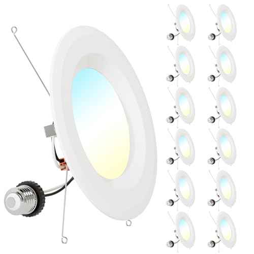 12 Pack Recessed Lighting 6 Inch Retrofit LED Can Lights 5CCT Selectable 2700K/3000K/3500K/4000K/5000K Dimmable Downlight, Smooth Trim, 8.8W, 850LM, Wet Rated - ETL & Energy Star