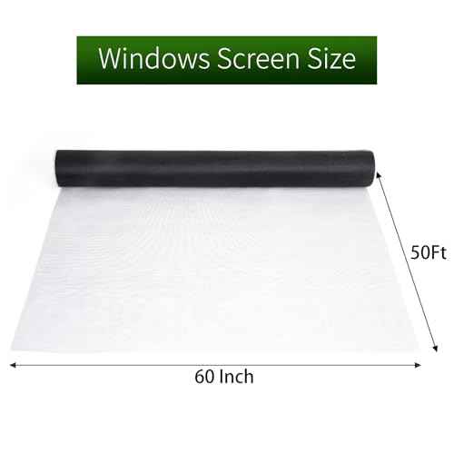 Window Screen Replacement, 60" x 50' Window Screen Mesh, Fiberglass Window Screens for House Windows, Door, Patio, Porch(Black)