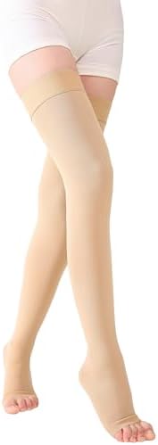 TOFLY® Thigh High Compression Stockings for Women & Men (Pair), Open Toe, Opaque 20-30 mmHg Graduated Compression Hose, Medical Compression Stockings for Varicose Veins, Edema, DVT, Travel,Beige 5XL