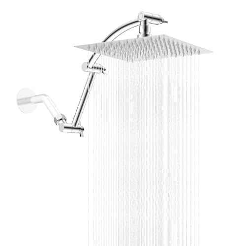 Hibbent All Metal Rain Shower Head, 8'' High Pressure Rainfall Square Showerhead with 16" Shower Head Extension Arm, Solid Brass Adjustable Shower Arm Extender, Waterfall fixed Showerheads, Chrome