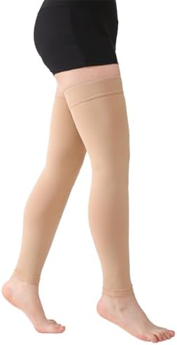 MGANG 15-20 mmHg Compression Stockings for Women & Men, Thigh High Medical Footless Graduated Compression Sleeves with Silicone Dot Band, for Varicose Veins, Edema, Travel, Flight, Pregnant, Beige L