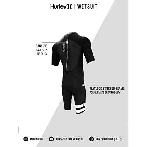 Hurley Mens Wetsuit - Fusion 202 2/2MM Short Sleeve Wetsuit for Men - UPF 50+ Stretch Neoprene Shorty Wet Suit with Back Zip