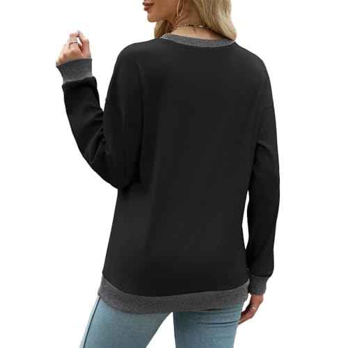 Saloogoe Sweatshirts for Women Crewneck Long Sleeve Loose Fit Tops Color Block Ribbed Trim Fashion 2025