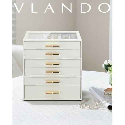 Vlando 6 Layer Jewelry Box for Women, Glass Lid Jewelry Organizer with 6 Drawers for Necklaces Rings Earrings Bracelets - Cloud White
