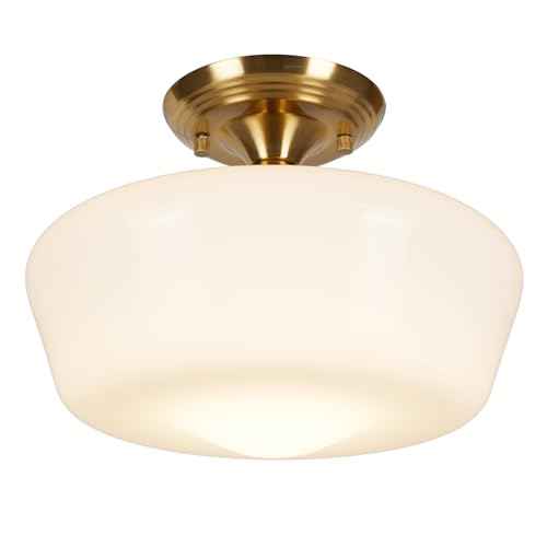 Schoolhouse Style Semi Flush Mount Ceiling Light Fixture, 12" Modern Gold Hallway Ceiling Lamp with Opal Milk Glass Shade Brass, Farmhouse Globe Light for Bedroom Kitchen Hallway Entryway Laundry