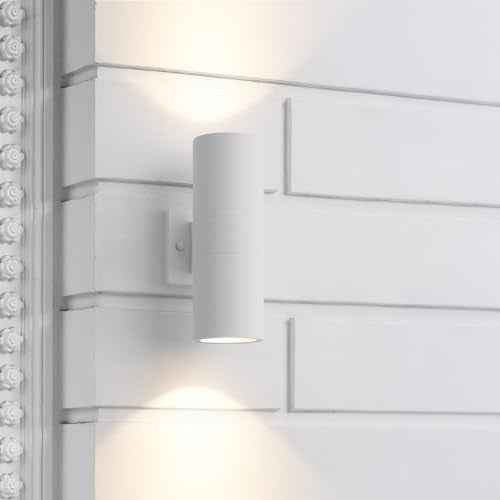 mirrea Modern Outdoor Porch Light Patio Light in 2 Lights with Aluminum Cylinder and Tempered Glass Cover Waterproof Wall Sconce 2 Pack (Matte White)