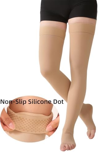 MGANG Medical Thigh High Compression Stockings for Men & Women, Pair, Open Toe, 15-20 mmHg Graduated Compression Support Hose, Opaque, Best for Varicose Veins, Edema, Flight, DVT, Swelling, Beige 3XL