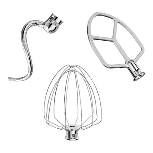 Stainless Steel Attachments 3-Piece for KitchenAid 5.5-6 QT Bowl-Lift Stand Mixer and Mixing Bowl,Includes Wire Whisk, Flat Beater, Dough Hook,Dishwasher Safe and Heavy Duty