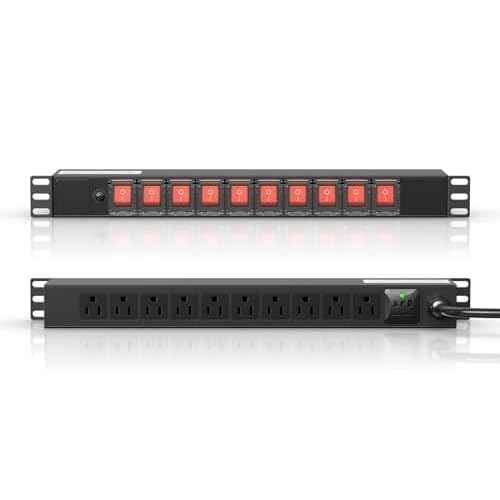10 Outlet Rack Mount Power Strips with Individual Switch,1U Rack Mount PDU Power Strip for Network Server Racks - Surge Protection - 110V/15A - 6ft Power Cord