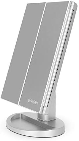 deweisn Dresser Mount Tri-Fold Lighted Vanity Mirror with 21 LED Lights, Touch Screen and 3X/2X/1X Magnification, Two Power Supply Modes Make Up Mirror,Travel Mirror