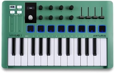 Arturia MiniLab 3 â Limited Edition Mint Green 25 Key USB MIDI Keyboard Controller With 8 Multi-Color Drum Pads, 8 Knobs and Music Production Software Included