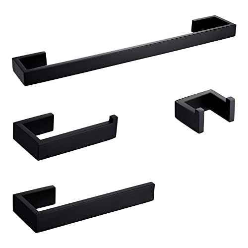 BAGNOLUX Matte Black Bathroom Hardware Set 4 Pieces, Bath Towel Holder Set SUS304 Stainless Steel, Towel Bar Rack Set for Wall Mounted, Square Bathroom Accessories Set Fixture Heavy Duty