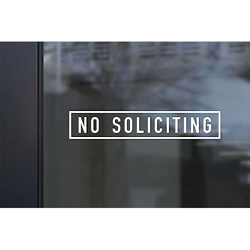 Premium White Vinyl Decal 13x3 inches: No Soliciting On The Outside of Storefront Window and Door- Elegant Front Door Greeting, No Salesmen Sticker