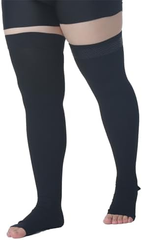 MGANG Medical Thigh High Compression Stockings for Men & Women, Pair, Open Toe, 20-30 mmHg Graduated Compression Support Hose, Opaque, Best for Varicose Veins, Edema, Flight, DVT, Swelling, Black 4XL