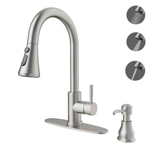 VXV Kitchen Faucet with Soap Dispenser, 3 Modes Kitchen Faucet with Pull Down Sprayer, Stainless Steel Sink Faucet for Farmhouse, Bar, and RV, with Deck Plate and 1/2'' Adapters