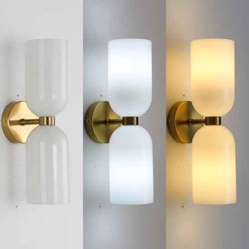 Minimalist 2-Light Gold Wall Sconces with Cylinder Glass Shades- Mid Century Vanity Wall Double Lights Hardwired- Modern Indoor Glass Wall Mounted Art Decor Lights (Milky White, 1 Pack)