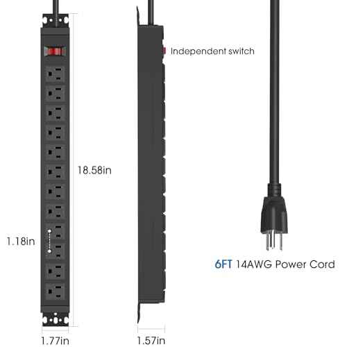 HHSOET 2 Pack Rotating Mountable Power Strip, 12 Outlet Wall Mount Surge Protector, Metal Heavy Duty and Versatile Outlet Strip, Stylish Appearance, Sturdy and Durable, 6ft Power Cord.(Black)