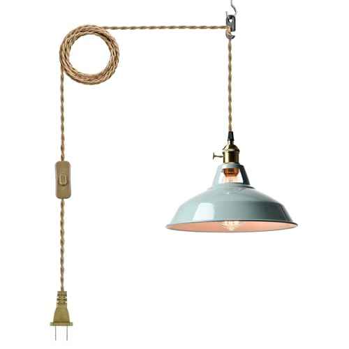 YUBOLE Modern Macaron Plug-in Plendant Light,10.6-Inch Hanging Light Fixtures with Metal Barn Shade Adjustable 17.06 Feet Plug Cord Pendant for Kitchen Bar Dining Bedroom,Sea Blue