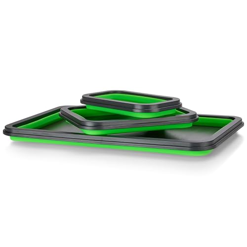 Collapsible Magnetic Parts Tray Set - 3 Different Size Tool Trays for Screw, Bolts, Nuts, Washers, Pins and Other Small Metal Parts, Mechanic Tool Gifts for Men - Green