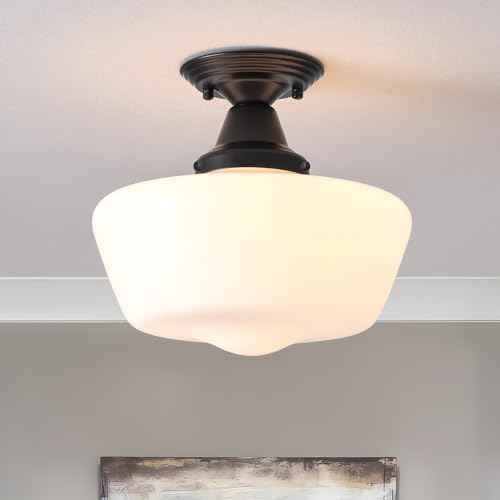 Schoolhouse Light Fixture, 12 Inch Black Finish with Milk Glass Semi Flush Mount Ceiling Light, Ceiling Light Fixture for Kitchen Hallway Entryway