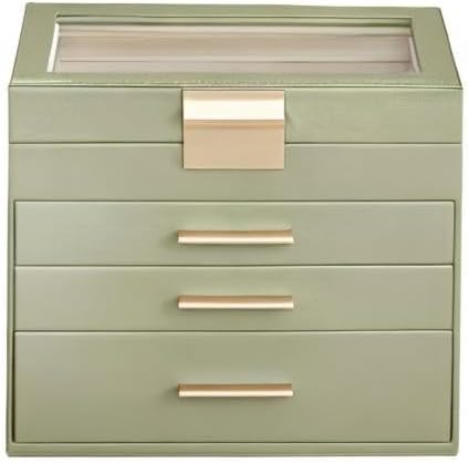 SONGMICS GISELLA Collection - Jewelry Box Organizer, 4-Layer Jewelry Storage with 3 Drawers, Shiny Metal Hardware, Glass Lid, Modern, 6 x 9.9 x 8.5 Inches, Laurel Green and Gold Color UJBC161C02
