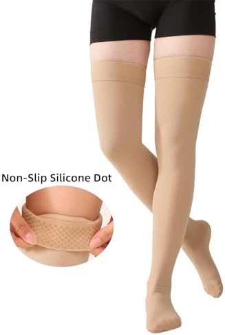 MGANG Medical 15-20 mmHg Compression Stockings for Women & Men, Pair, Thigh High Graduated Compression Socks, Closed Toe, Opaque, Support for Varicose Veins, Edema, DVT, Swelling, Flight, Beige L