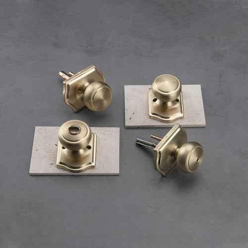 6 Pack Gold Door Knobs with Camelot Trim,Interior Door Knob with Lock,Coastal Privacy Door knob for Bath and Bedroom, Satin Brass