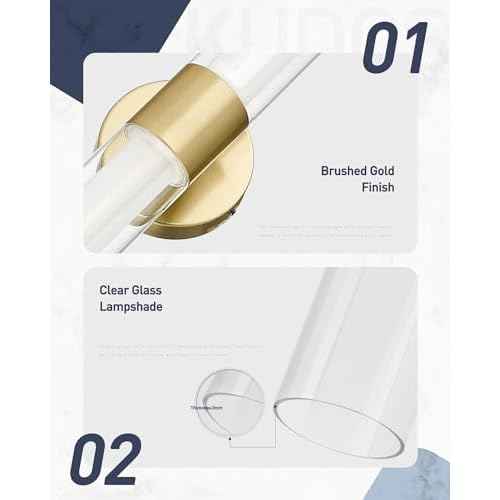 kudos Gold Bathroom Sconces Wall Lighting, Bathroom Vanity Light, Modern Wall Lights with Clear Glass and Frosted Glass,3000K/4500K/6000K Adjustable, KDVL06-GD-2
