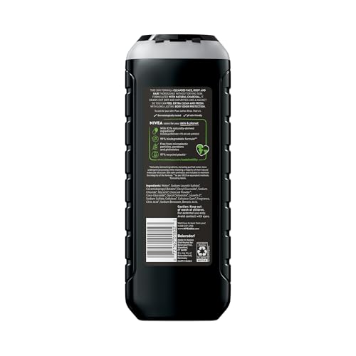 NIVEA MEN Real Madrid Limited Edition Design Active Clean Body Wash with Natural Charcoal for Normal to Oily Skin, 3-in-1 Charcoal Body Wash, Face and Hair, 16.9 Fl Oz Bottle, Pack of 3