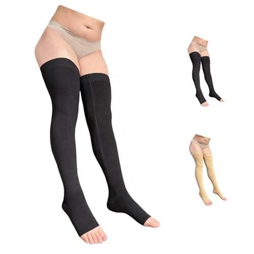 Thigh High 20-30 mmHg Compression Wide Calf Inside Leg Zipper Open Toe (Black, 2X-Large)